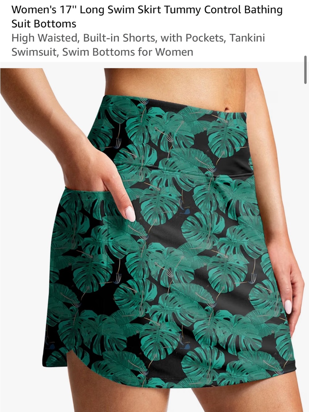 High-Waisted Green Leaf Monstera Swim Skort with Tummy Control